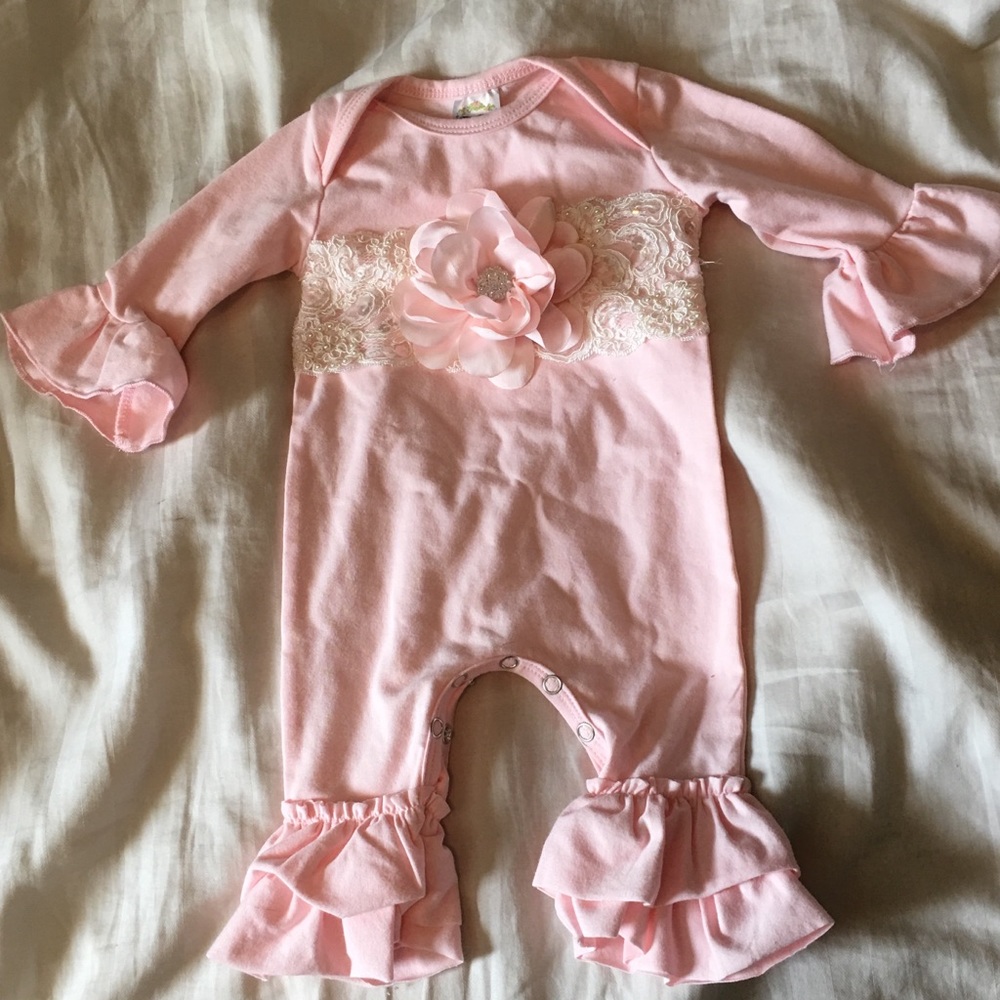 Baby Girl Pink Flower Romper w/ matching headband